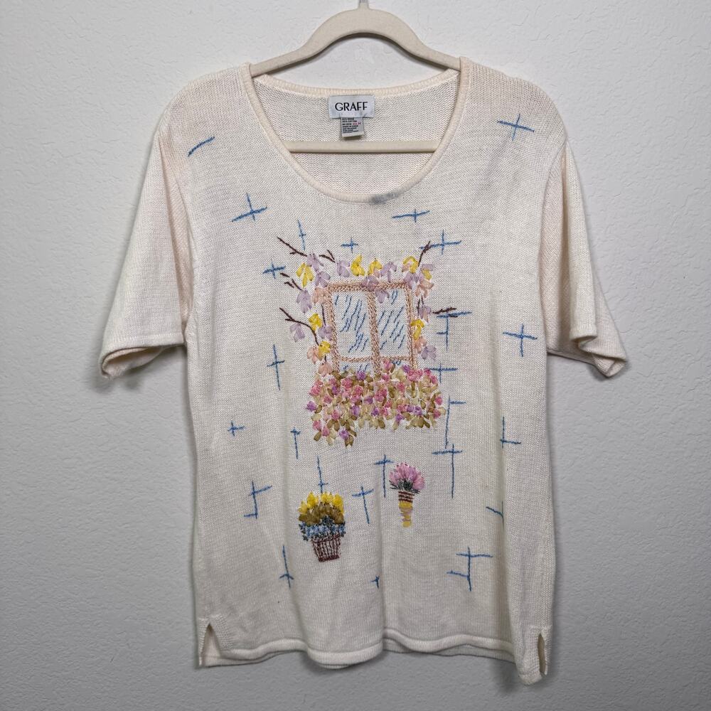 VTG Graffe Womens Short Sleeve Knit Sweater Size M Embroidered Ribbon Feminine